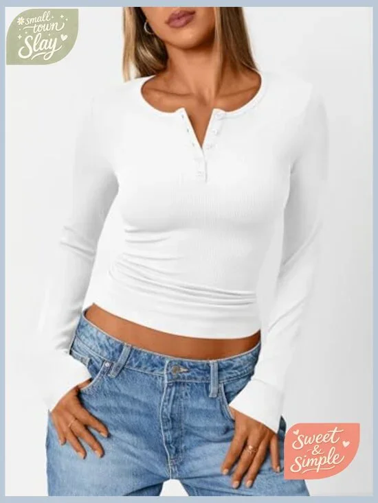 Long Sleeve Henley Thermal Top Fitted Ribbed Blouse Women's Casual Tee - Picture 2 of 6